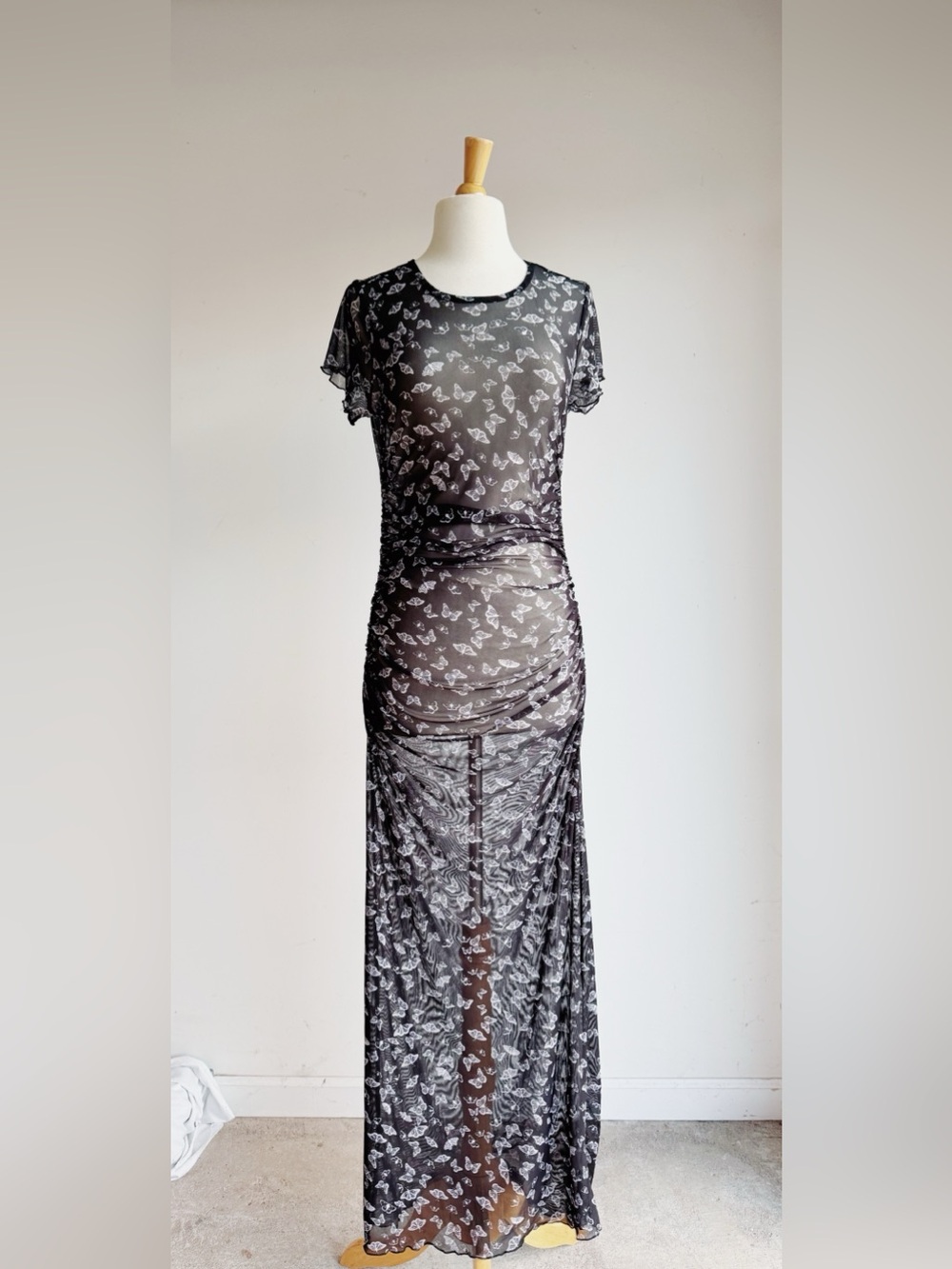 No Comment Black Sheer Mesh Butterfly Ruched Bodycon Maxi Dress L